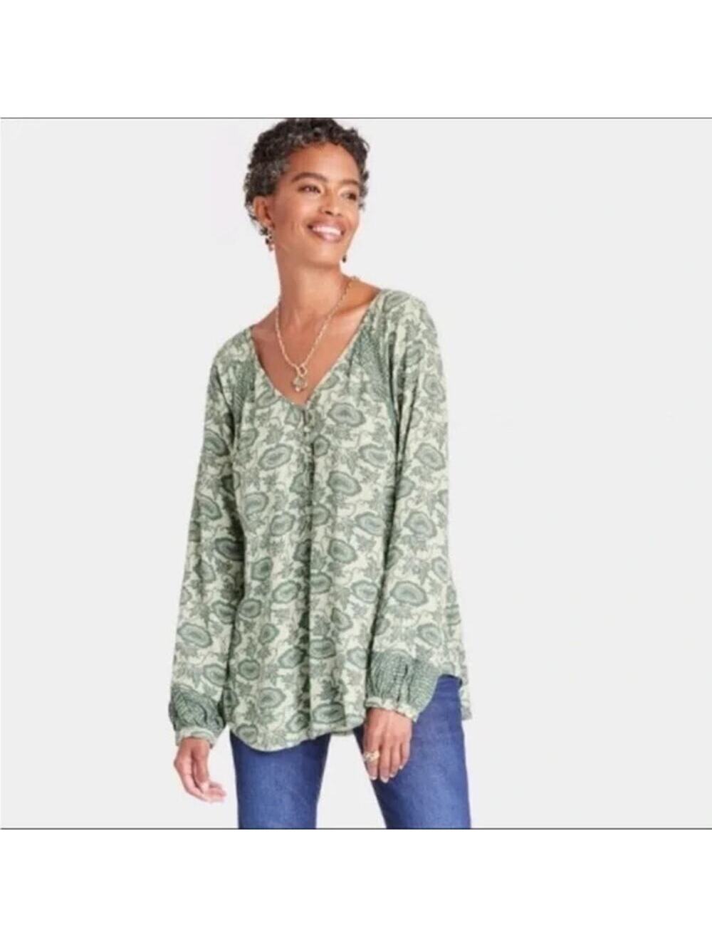 Knox Rose EUC Women's Green Floral Long Sleeve Blouse V-Neck Size XS